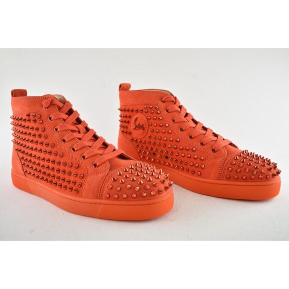 Christian Louboutin Louis Flat Spike Tomate Red Orange High Top Sneaker 44 11 - Picture 4 of 12